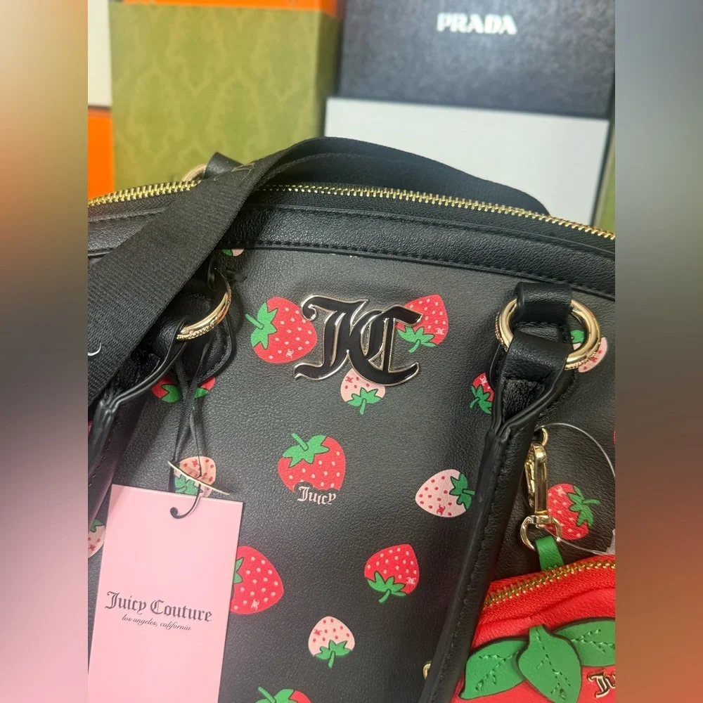 ๐JUICY COUTURE Black and Red Satchel with Strawberry Charm - Picture 7 of 16